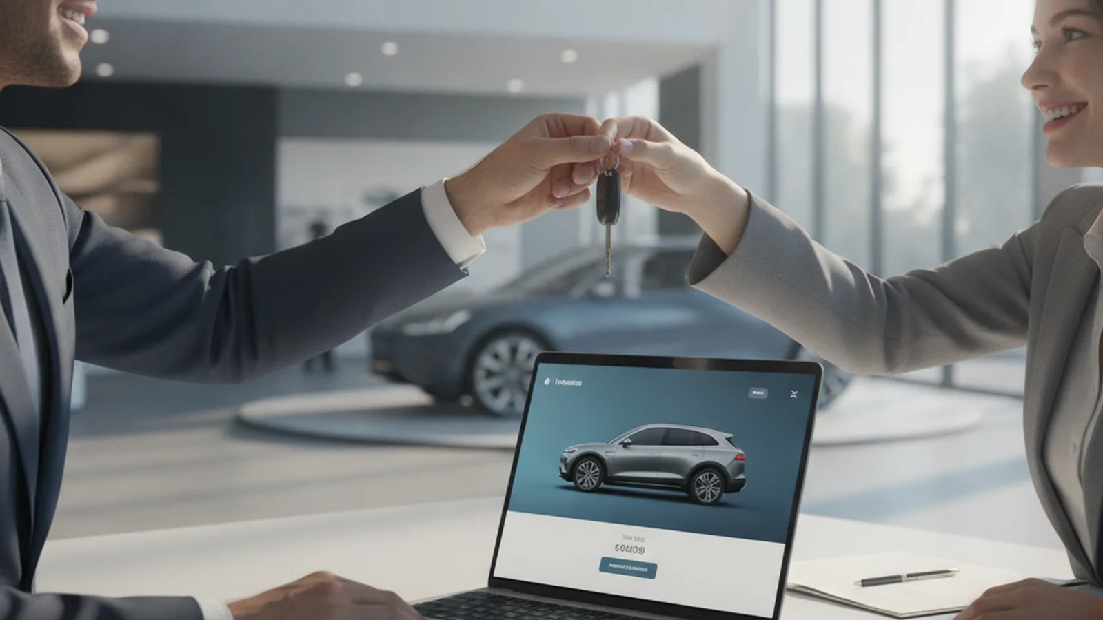 Продавец автосалона передаёт ключи покупателю, на ноутбуке на столе открыта карточка автомобиля на маркетплейсе