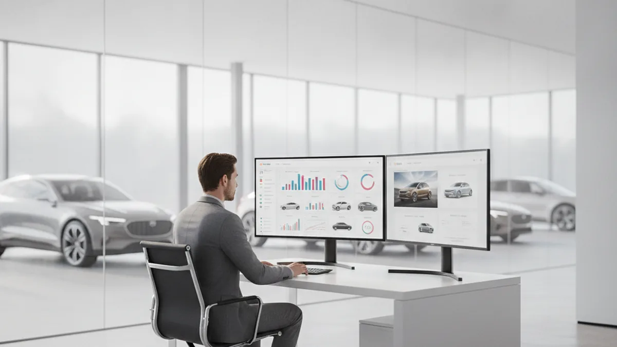 Менеджер автосалона за рабочим местом с CRM-панелью и каталогом автомобилей на экранах