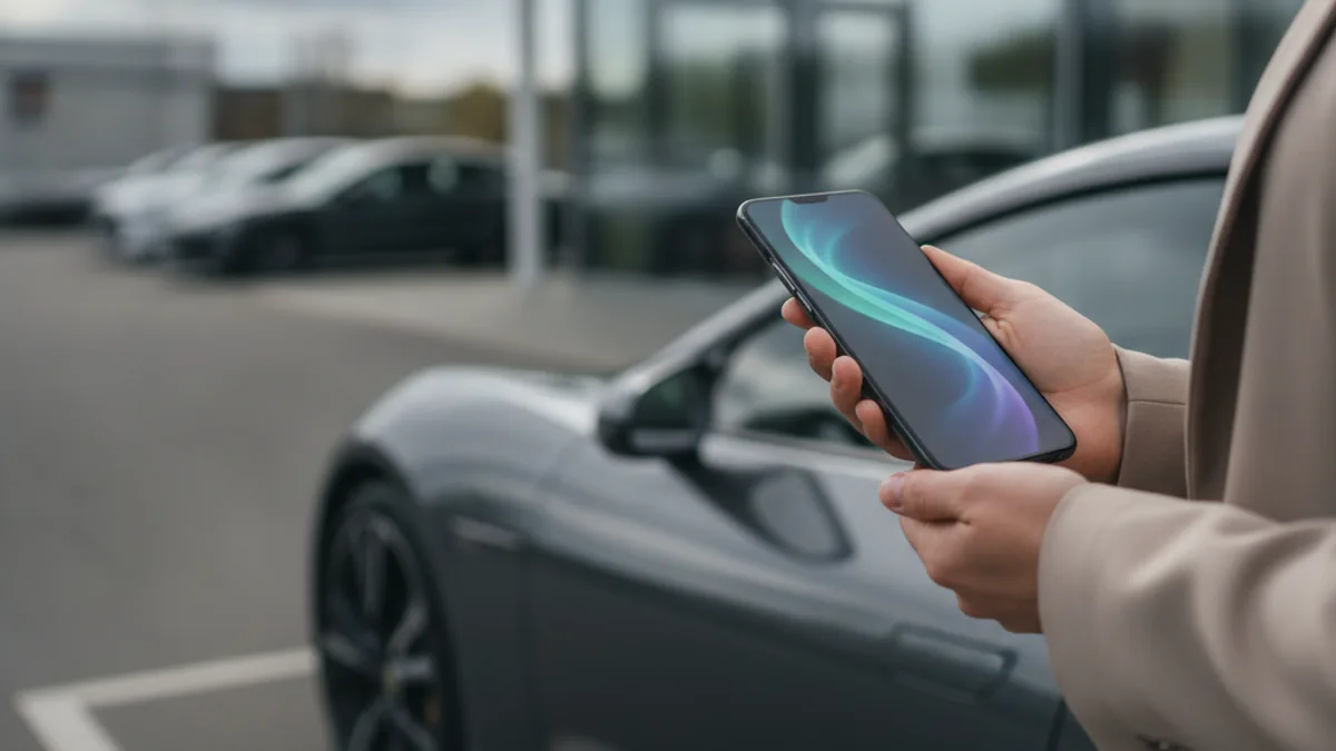 Клиент со смартфоном рядом с автомобилем на парковке дилерского центра