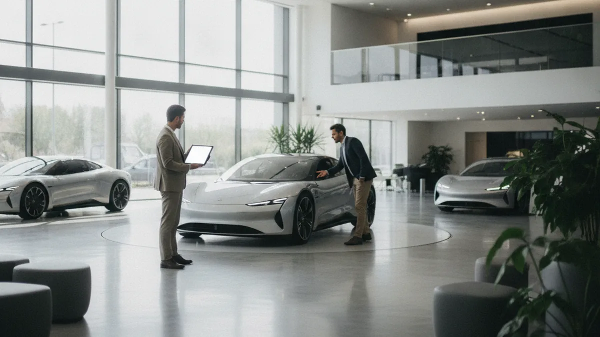 Консультант автосалона показывает клиенту планшет рядом с новым автомобилем