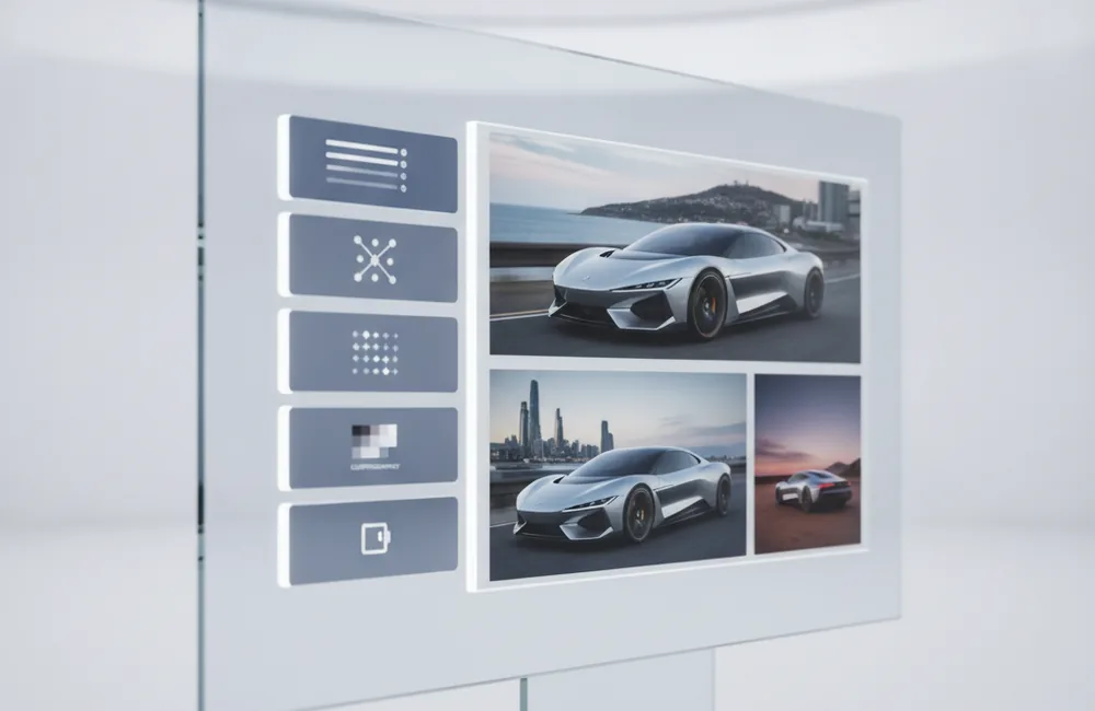 Интерфейс карточки автомобиля с фотогалереей и характеристиками