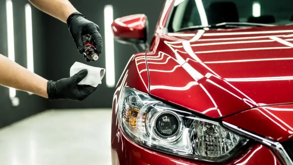 man-doing-ceramic-coating-on-a-red-car